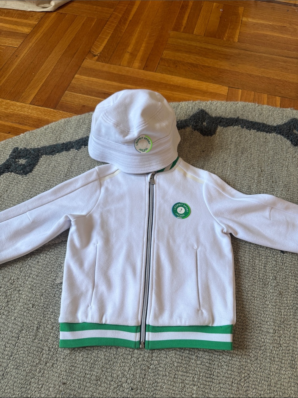 Jacadi White Zip Sweatshirt with Green Trim & Matching Hat